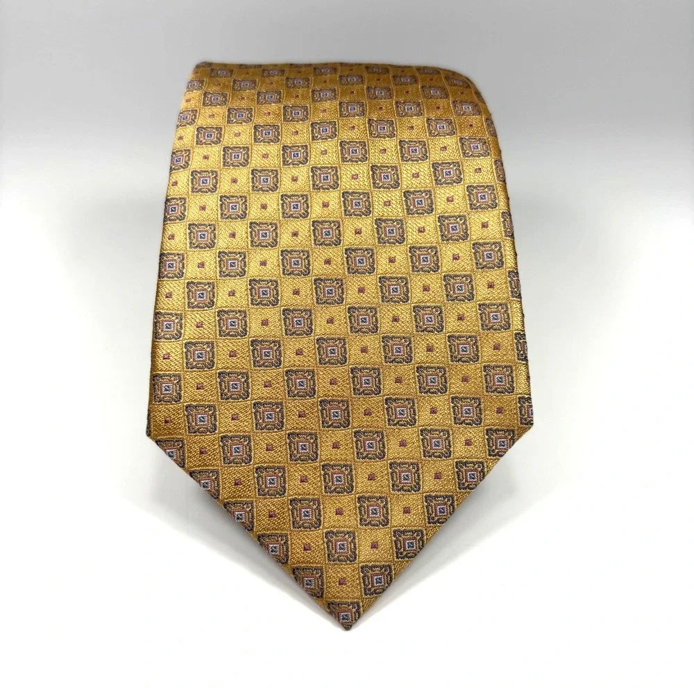 Daniel De Fasson Luxury Men Tie Gold & Geometric Foulard Design Silk XL 66 x 3.5